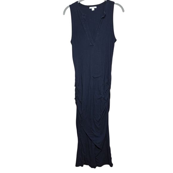 James Perse standard ruched v neck jersey tank dress midi dress black stretchy - Picture 3 of 5